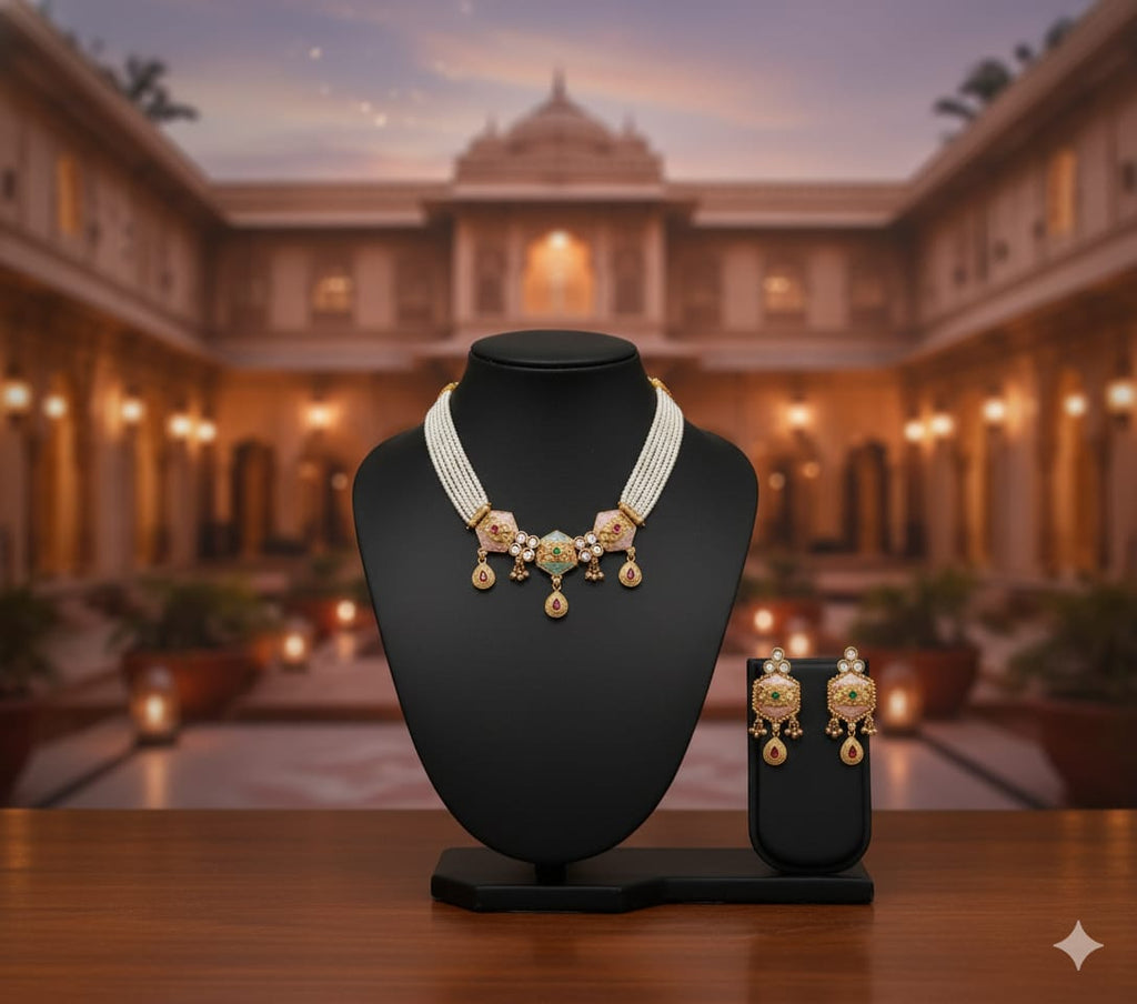 Ringing Jewels "Rajwadi" Unique Necklace Set Premium Quality With Earrings - Multi Colour