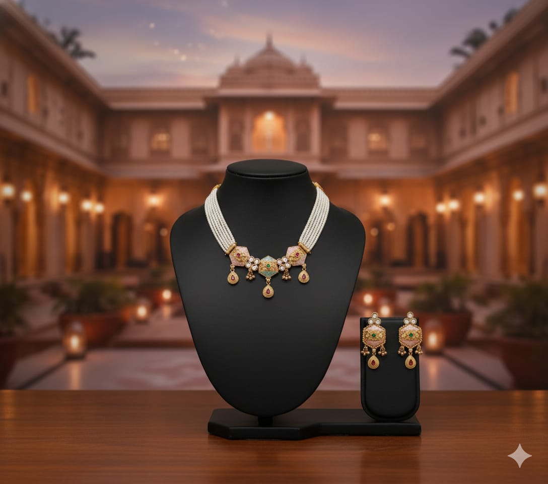 Ringing Jewels "Rajwadi" Unique Necklace Set Premium Quality With Earrings - Multi Colour