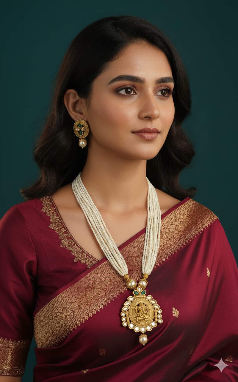 Ringing Jewels "Rajwadi" Unique Temple Necklace Set Premium Quality With Earrings - Ruby Colour