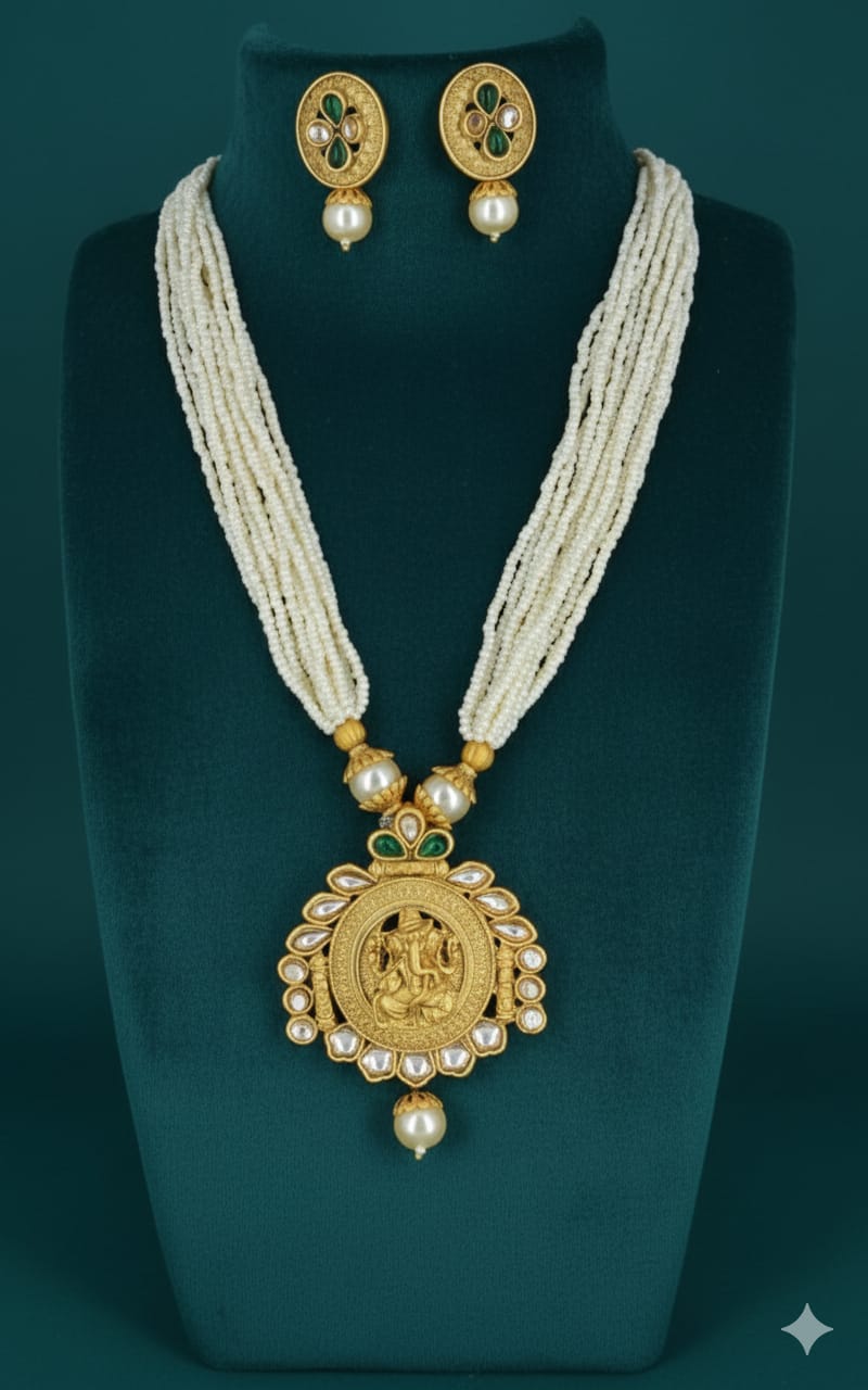 Ringing Jewels "Rajwadi" Unique Temple Necklace Set Premium Quality With Earrings - Ruby Colour