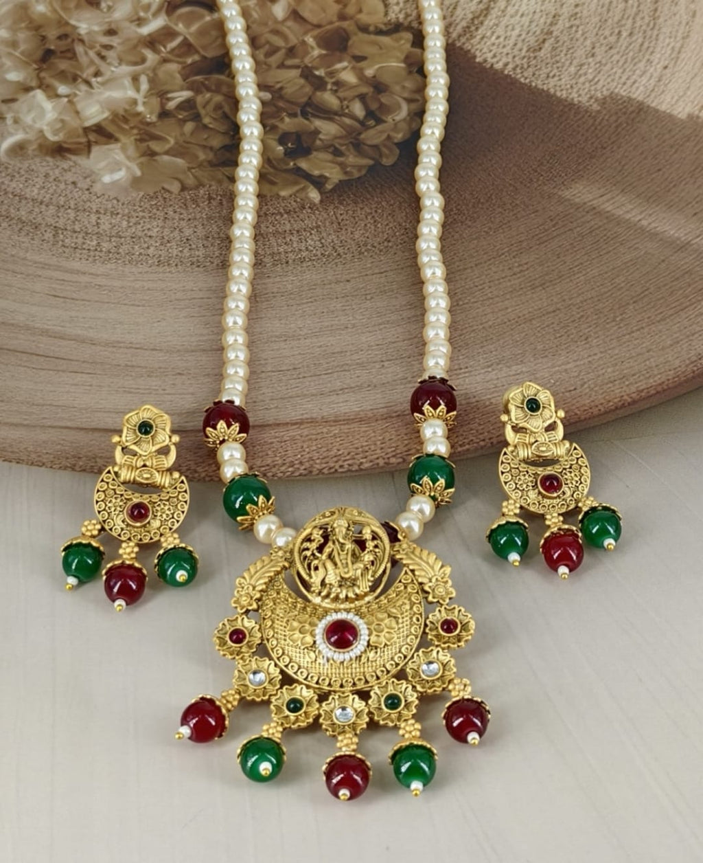 Ringing Jewels "Rajwadi" Unique Necklace Set Premium Quality With Earrings - Ruby Colour
