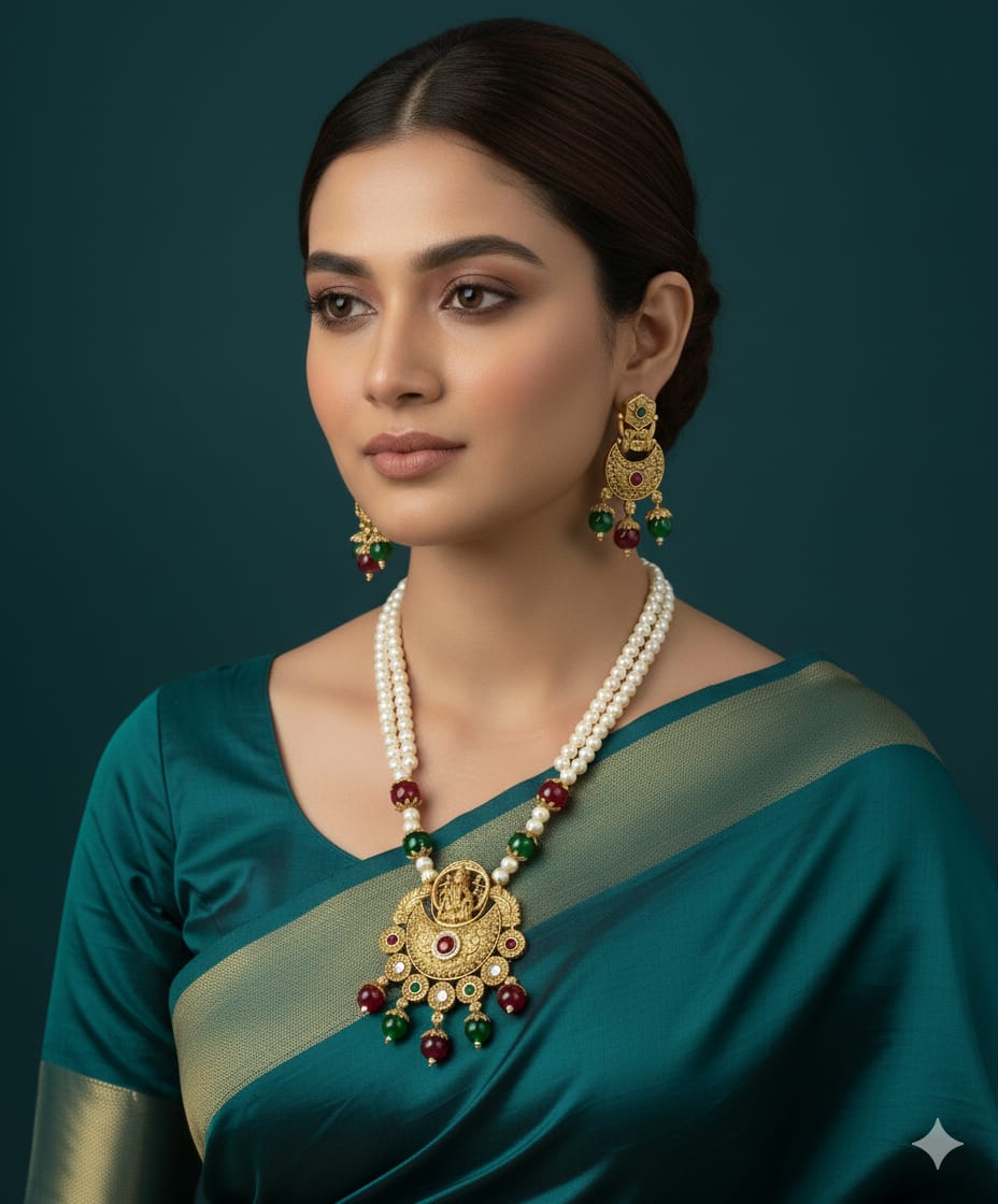 Ringing Jewels "Rajwadi" Unique Necklace Set Premium Quality With Earrings - Ruby Colour