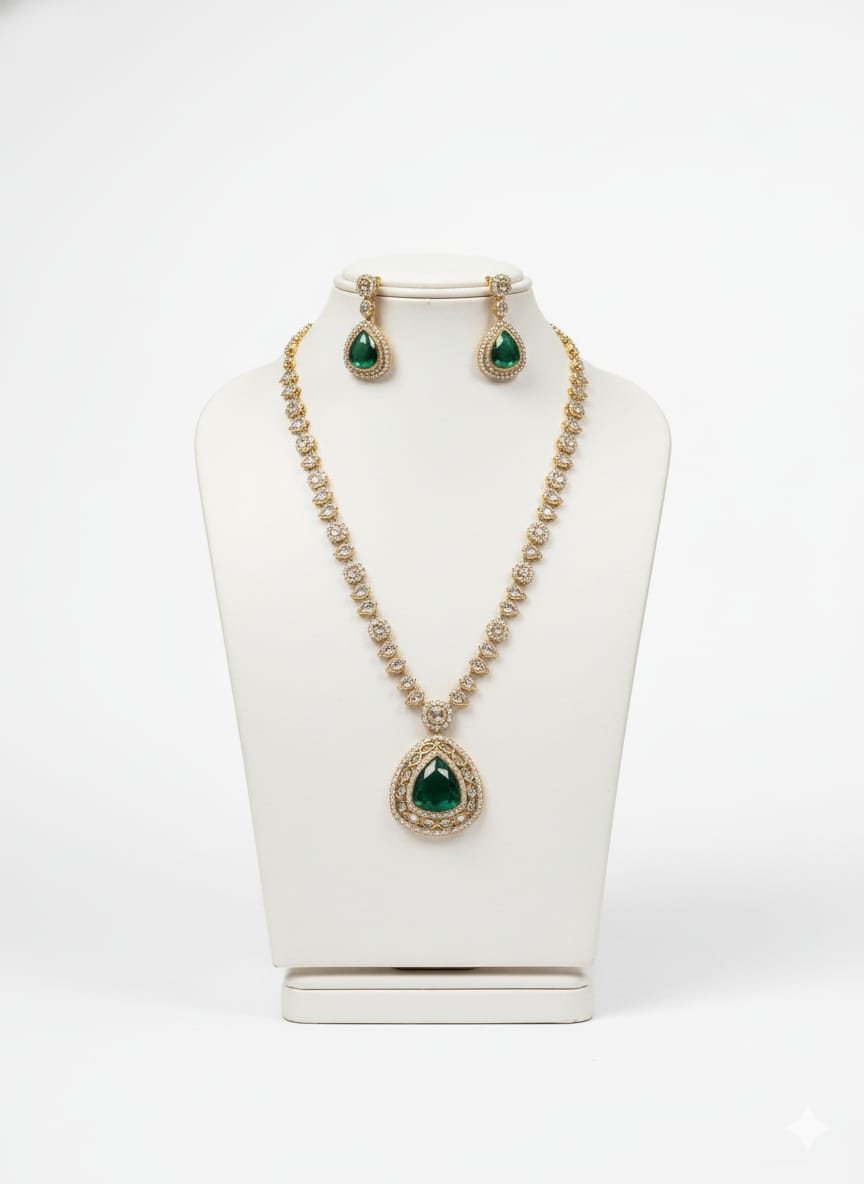 Ringing Jewels "AD" Necklace Set With Earrings and Mang Teeka - Green Colour