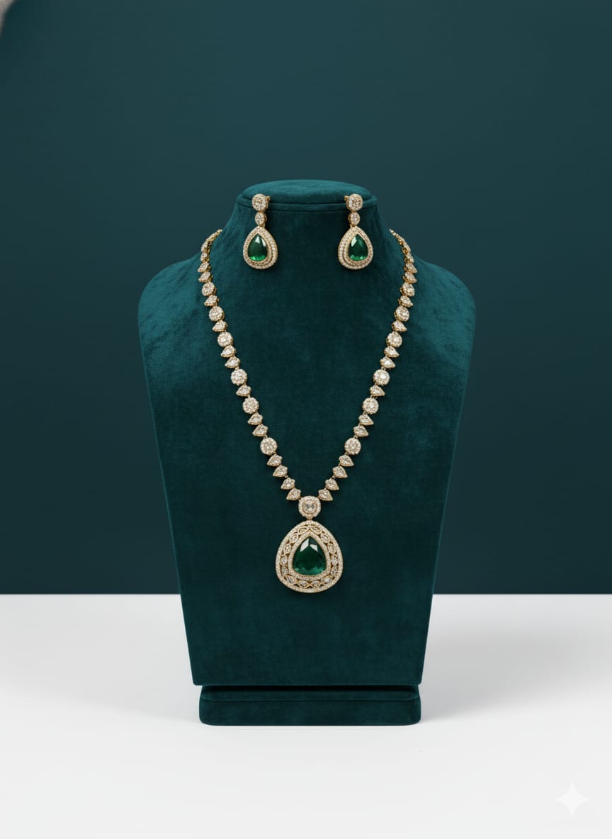 Ringing Jewels "AD" Necklace Set With Earrings and Mang Teeka - Green Colour