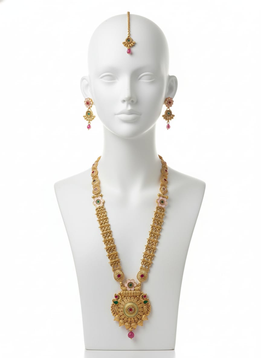 Ringing Jewels "Rajwadi" Necklace Set With Earrings and Mang Teeka