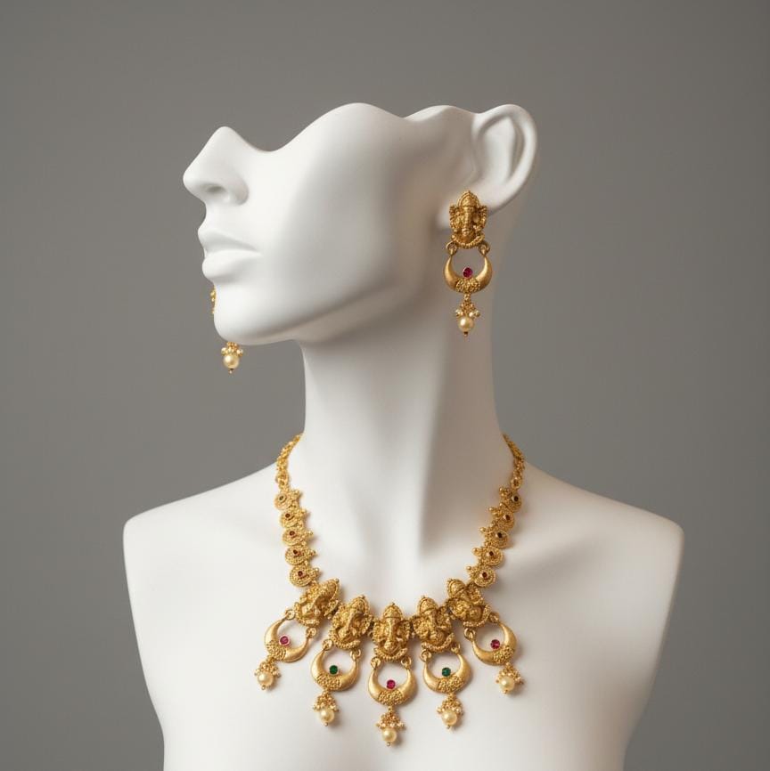Ringing Jewels "Antique" Gold Finish Temple Set With Earrings