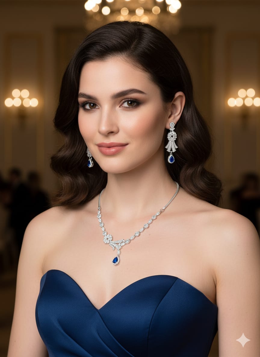 Ringing Jewels "AD" Necklace Set With Earrings - Blue Colour