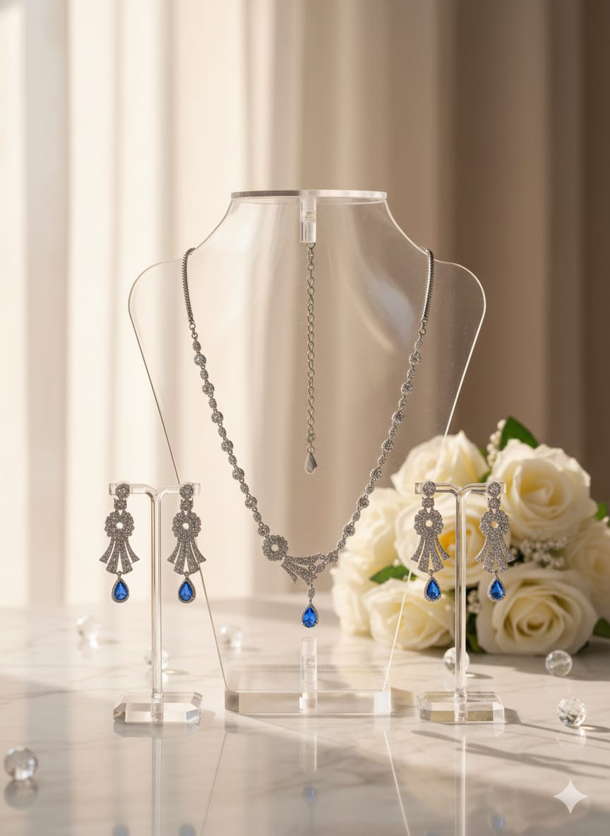 Ringing Jewels "AD" Necklace Set With Earrings - Blue Colour
