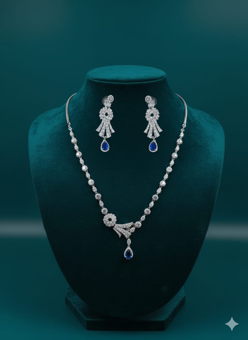 Ringing Jewels "AD" Necklace Set With Earrings - Blue Colour