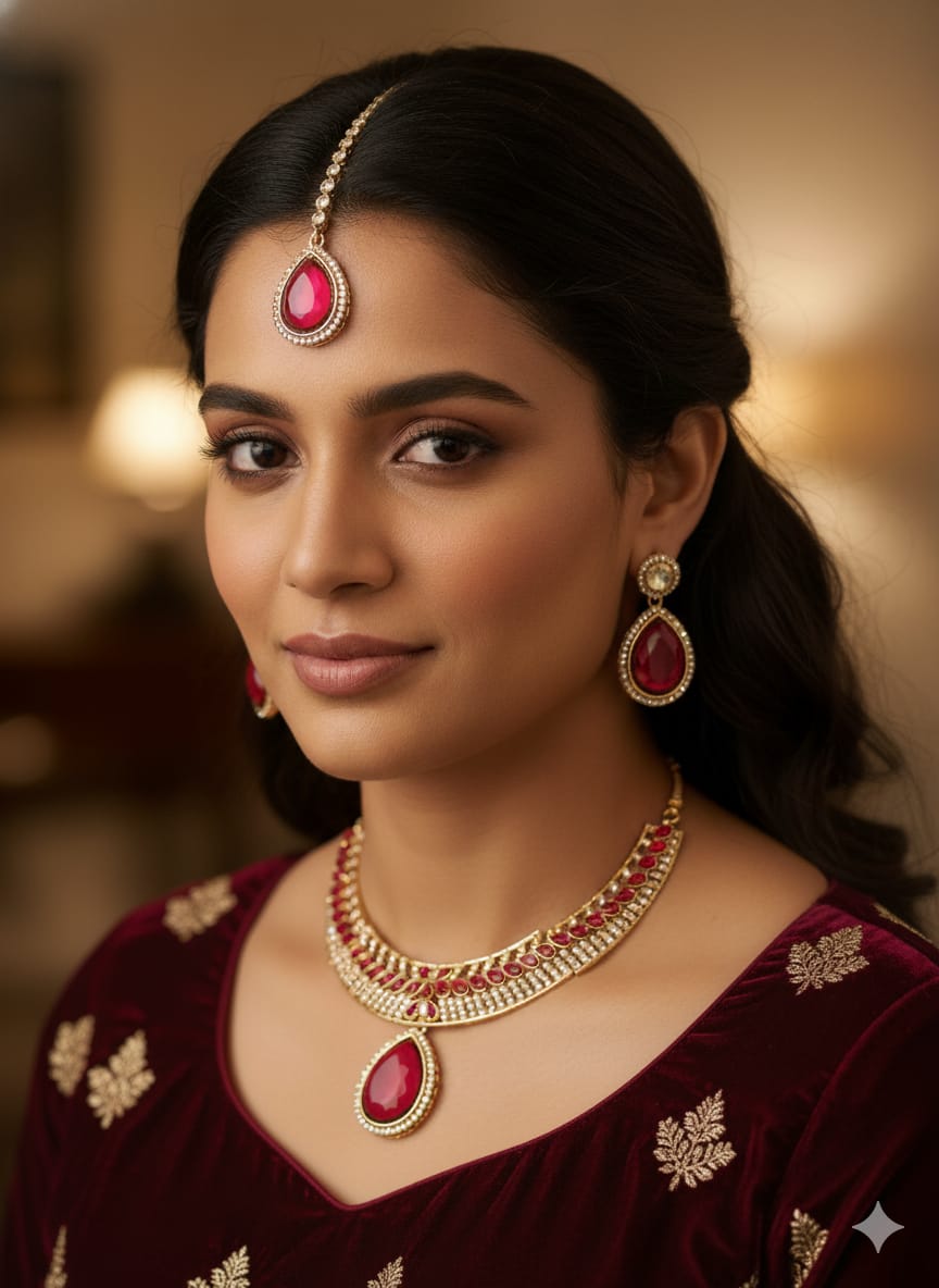 Ringing Jewels "AD" Necklace Set With Earrings and Mang Teeka - Ruby Colour