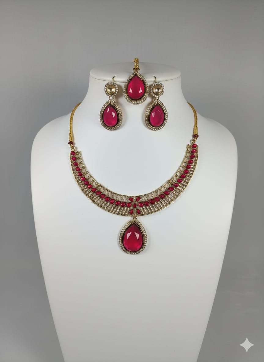 Ringing Jewels "AD" Necklace Set With Earrings and Mang Teeka - Ruby Colour