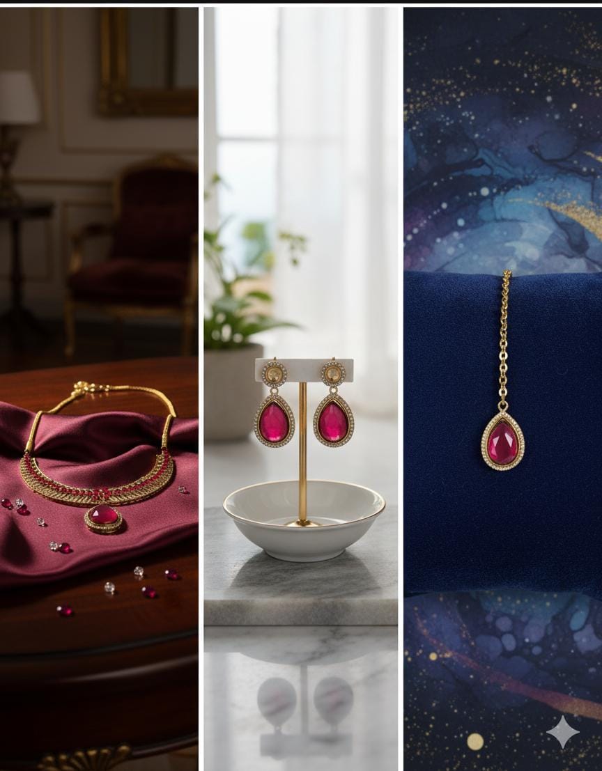 Ringing Jewels "AD" Necklace Set With Earrings and Mang Teeka - Ruby Colour