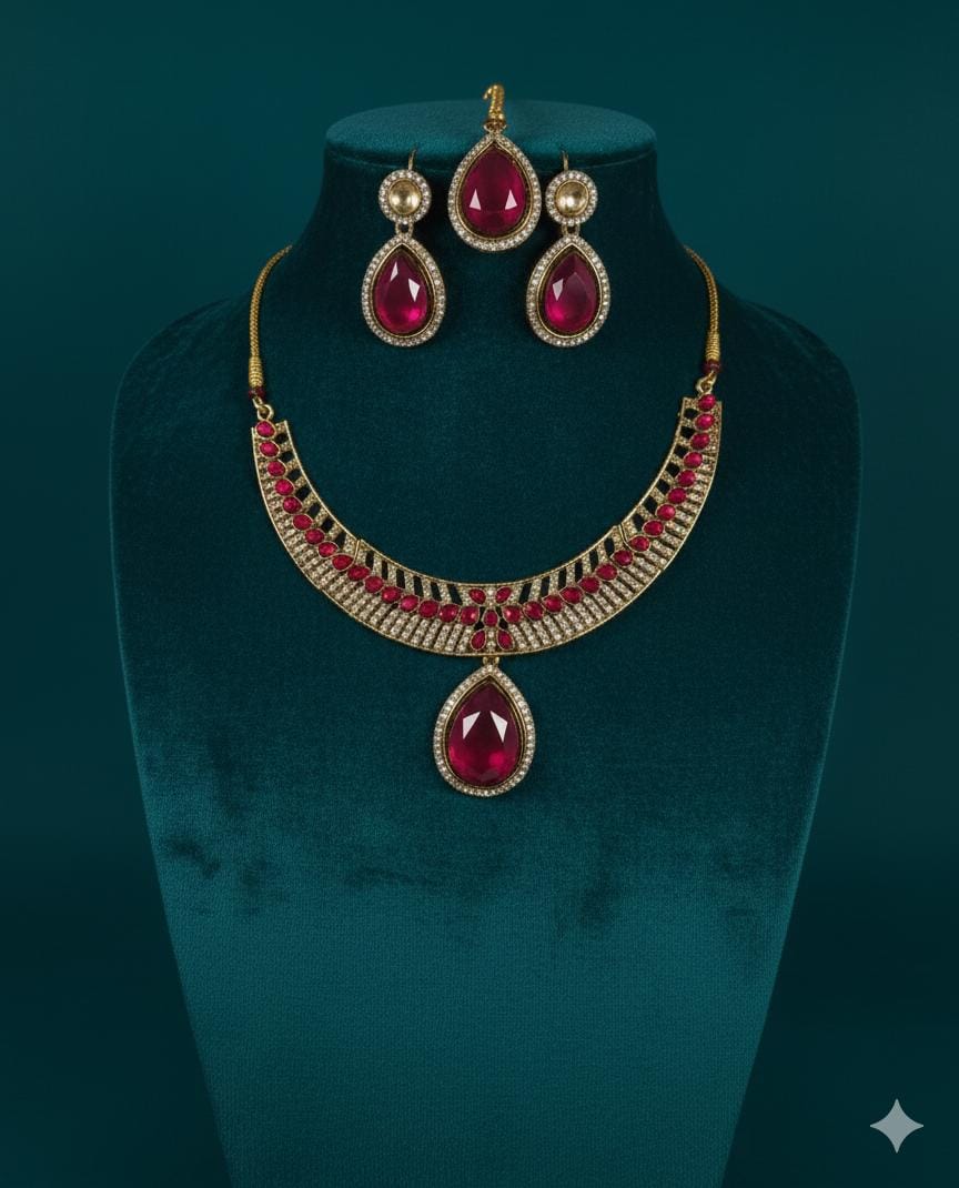 Ringing Jewels "AD" Necklace Set With Earrings and Mang Teeka - Ruby Colour