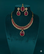 Ringing Jewels "AD" Necklace Set With Earrings and Mang Teeka - Ruby Colour