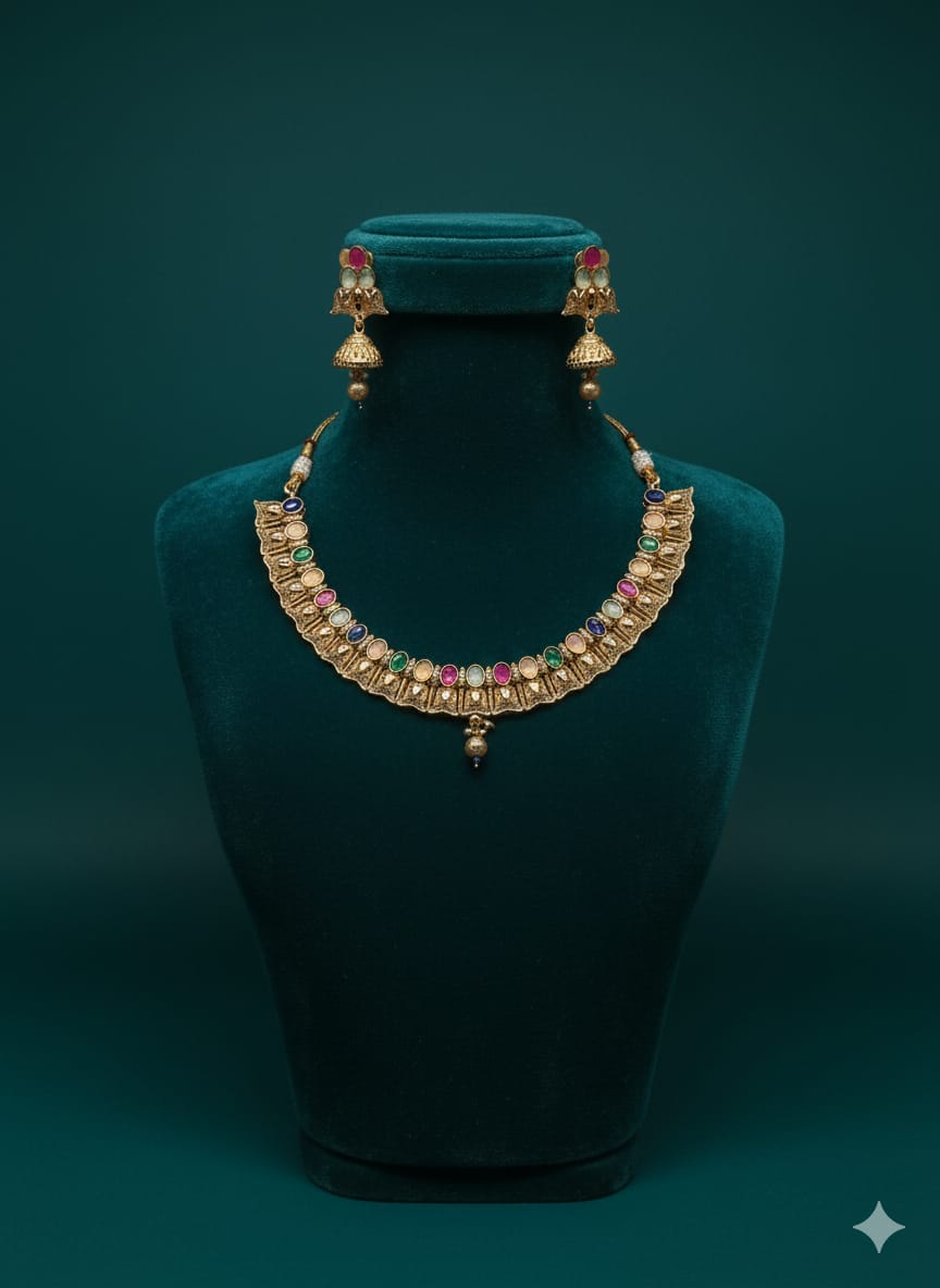 Ringing Jewels "Antique" Premium Quality Necklace Set With Earrings - Multi Colour