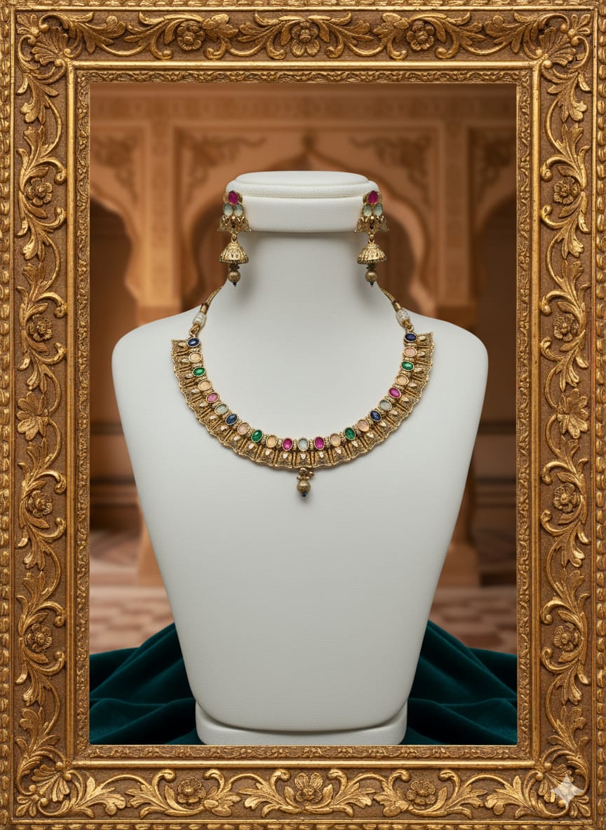 Ringing Jewels "Antique" Premium Quality Necklace Set With Earrings - Multi Colour