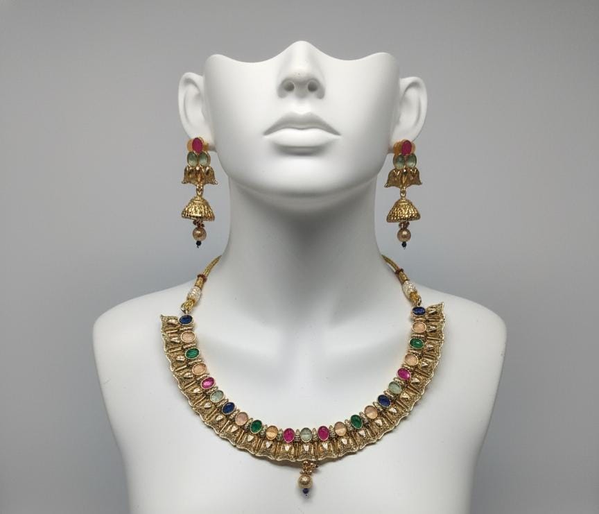 Ringing Jewels "Antique" Premium Quality Necklace Set With Earrings - Multi Colour