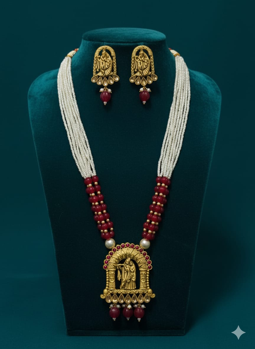 Ringing Jewels "Rajwadi" Unique Temple Necklace Set Premium Quality With Earrings - Multi Colour