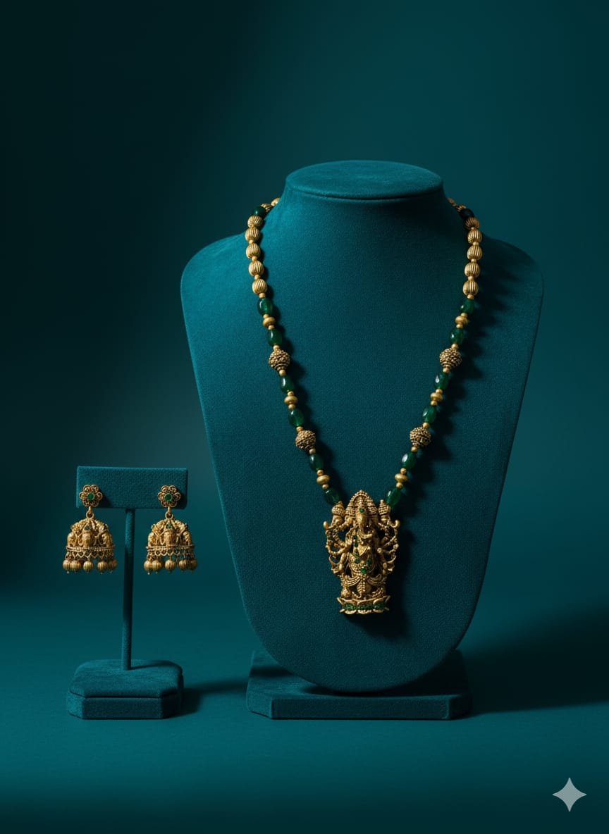 Ringing Jewels "Rajwadi" Unique Temple Necklace Set Premium Quality With Earrings - Multi Colour