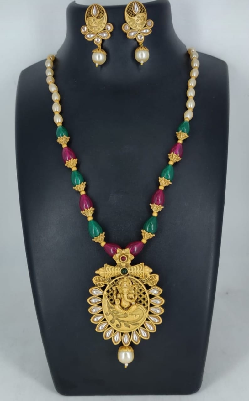 Ringing Jewels "Rajwadi" Unique Temple Necklace Set Premium Quality With Earrings - Multi Colour