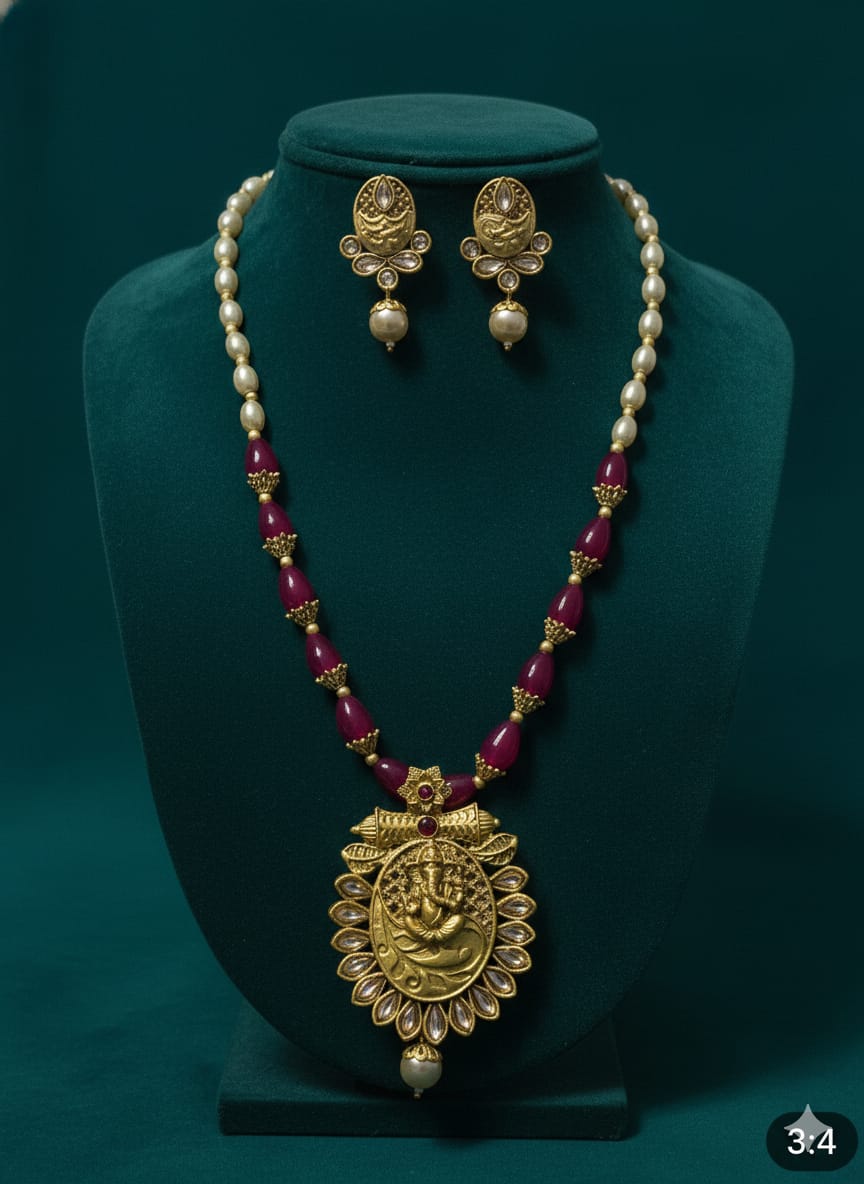 Ringing Jewels "Rajwadi" Unique Temple Necklace Set Premium Quality With Earrings - Multi Colour