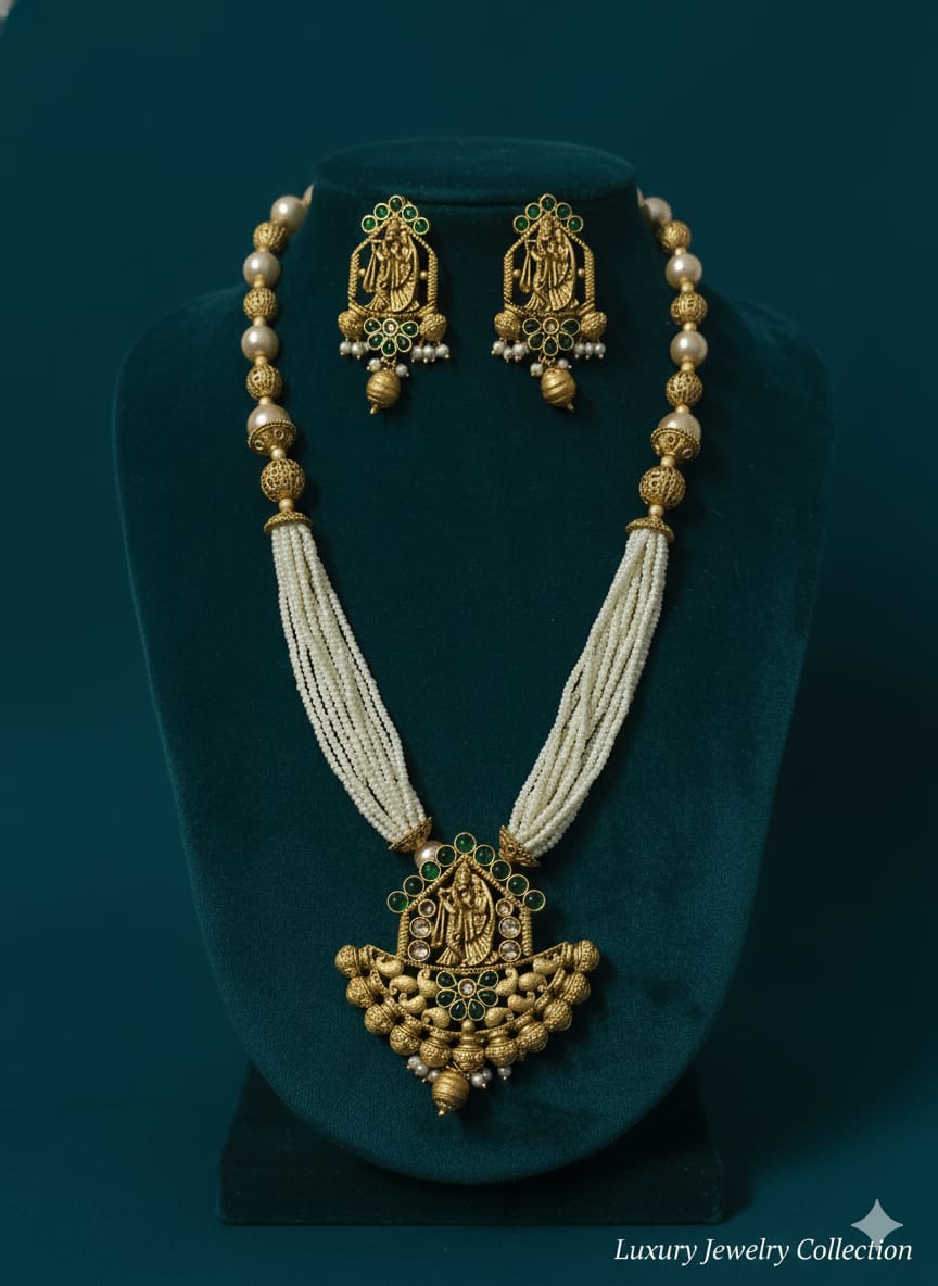 Ringing Jewels "Rajwadi" Unique Temple Necklace Set Premium Quality With Earrings - Ruby Colour
