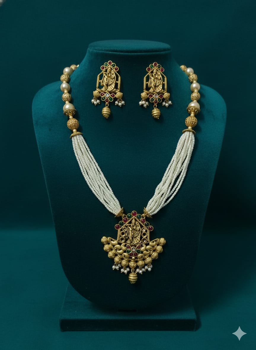 Ringing Jewels "Rajwadi" Unique Temple Necklace Set Premium Quality With Earrings - Ruby Colour