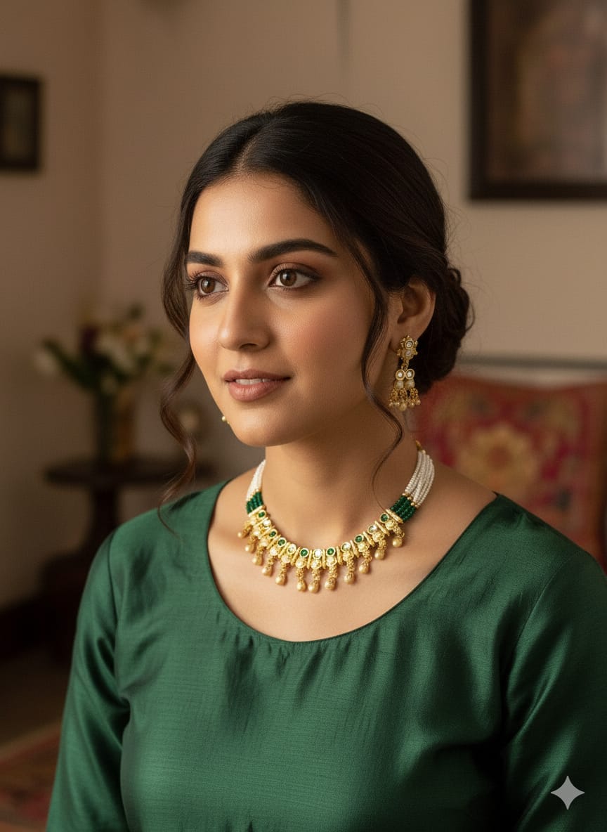 Ringing Jewels "Rajwadi" Unique Necklace Set Premium Quality With Earrings - Ruby Colour