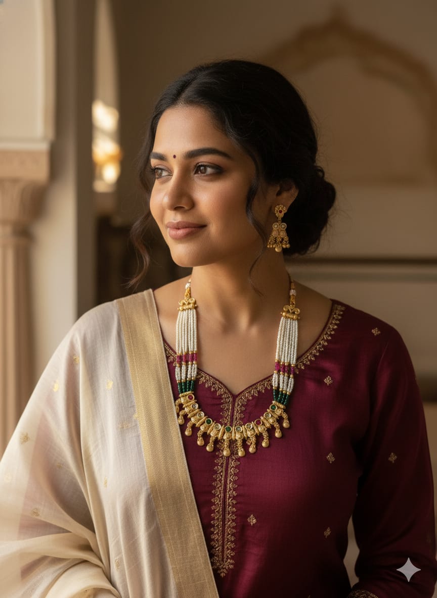 Ringing Jewels "Rajwadi" Unique Necklace Set Premium Quality With Earrings - Ruby Colour