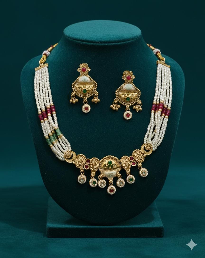 Ringing Jewels "Rajwadi" Unique Necklace Set Premium Quality With Earrings - White Colour
