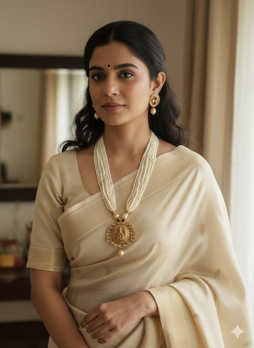 Ringing Jewels "Rajwadi" Unique Temple Necklace Set Premium Quality With Earrings - Ruby Colour