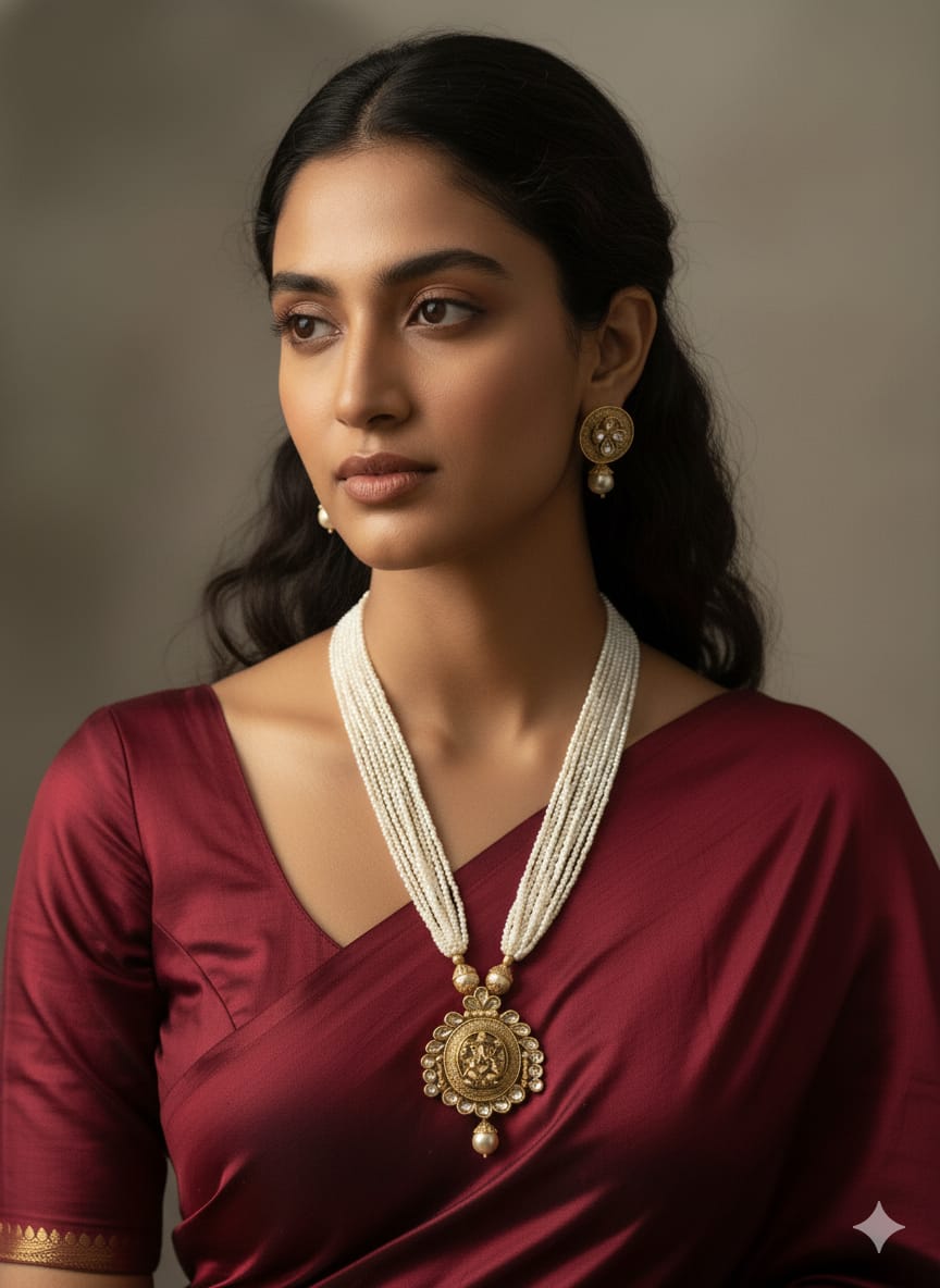 Ringing Jewels "Rajwadi" Unique Temple Necklace Set Premium Quality With Earrings - Ruby Colour