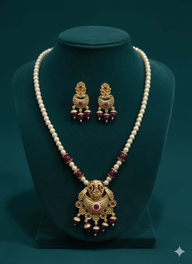 Ringing Jewels "Rajwadi" Unique Necklace Set Premium Quality With Earrings - Ruby Colour