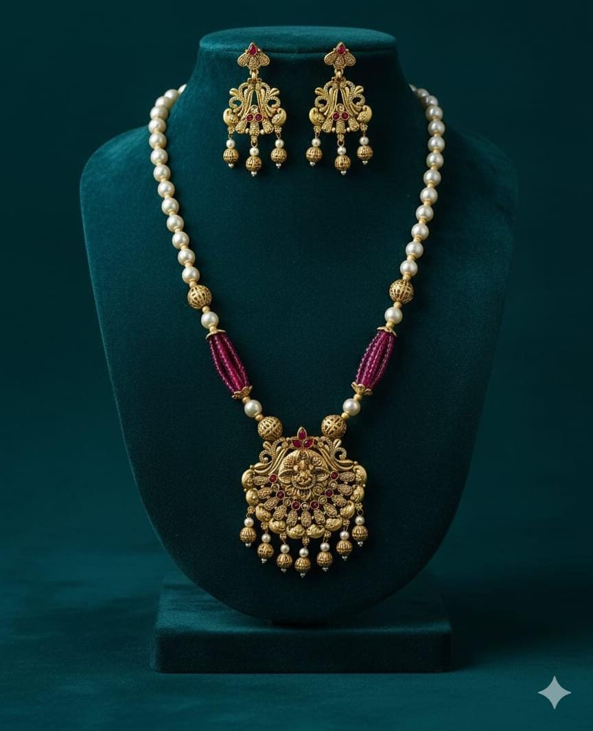 Ringing Jewels "Rajwadi" Necklace Set Premium Quality With Earrings - Multi Colour